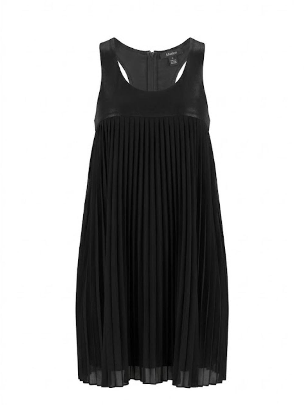Monteau Black Pleated Mini Dress Faux Leather Trim M
